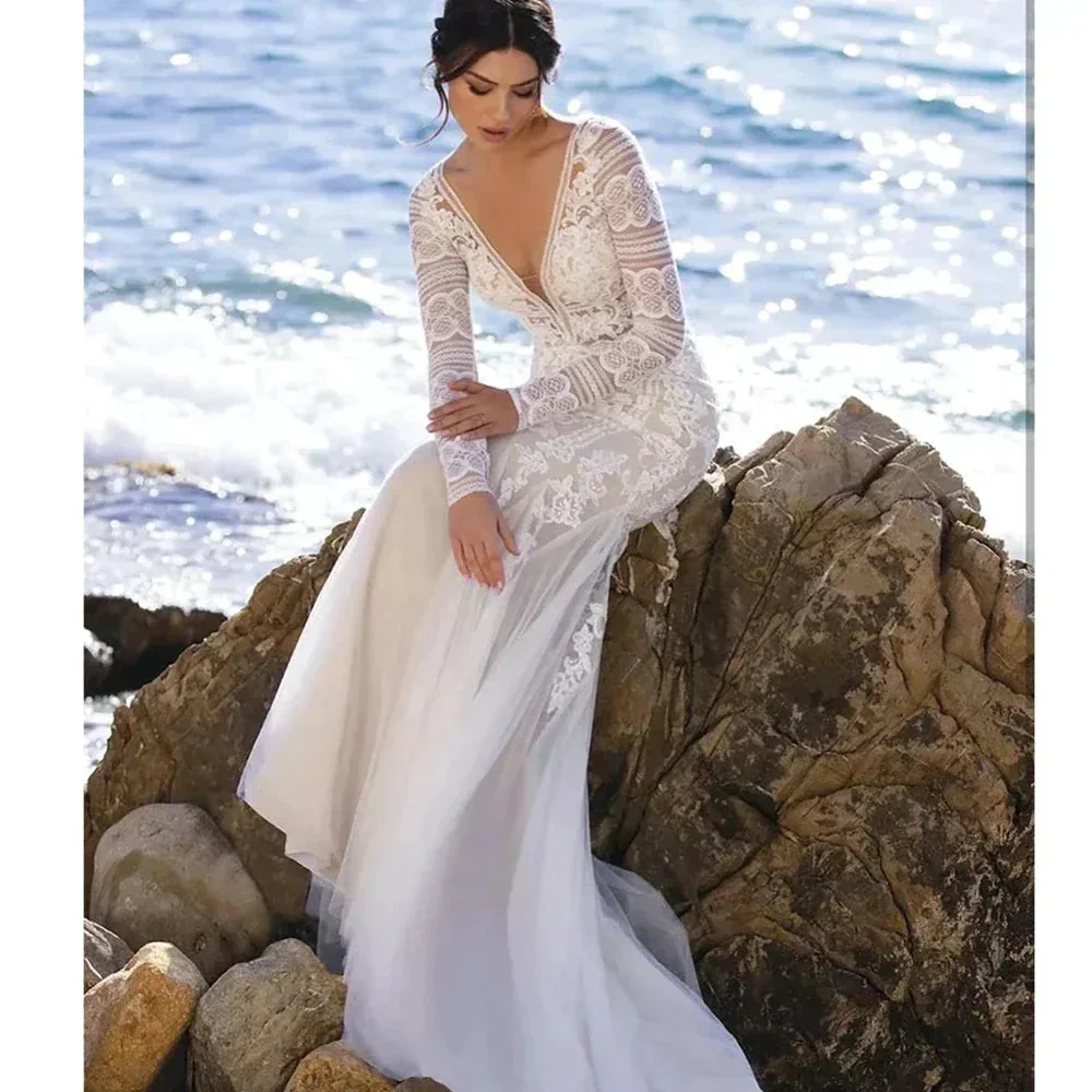 Mermaid Bride Gowns Long Sleeve V-Neck Lace Appliques Sexy Open Back Tulle Wedding Dresses Sweep Train Vestidos De Noive - Image 3
