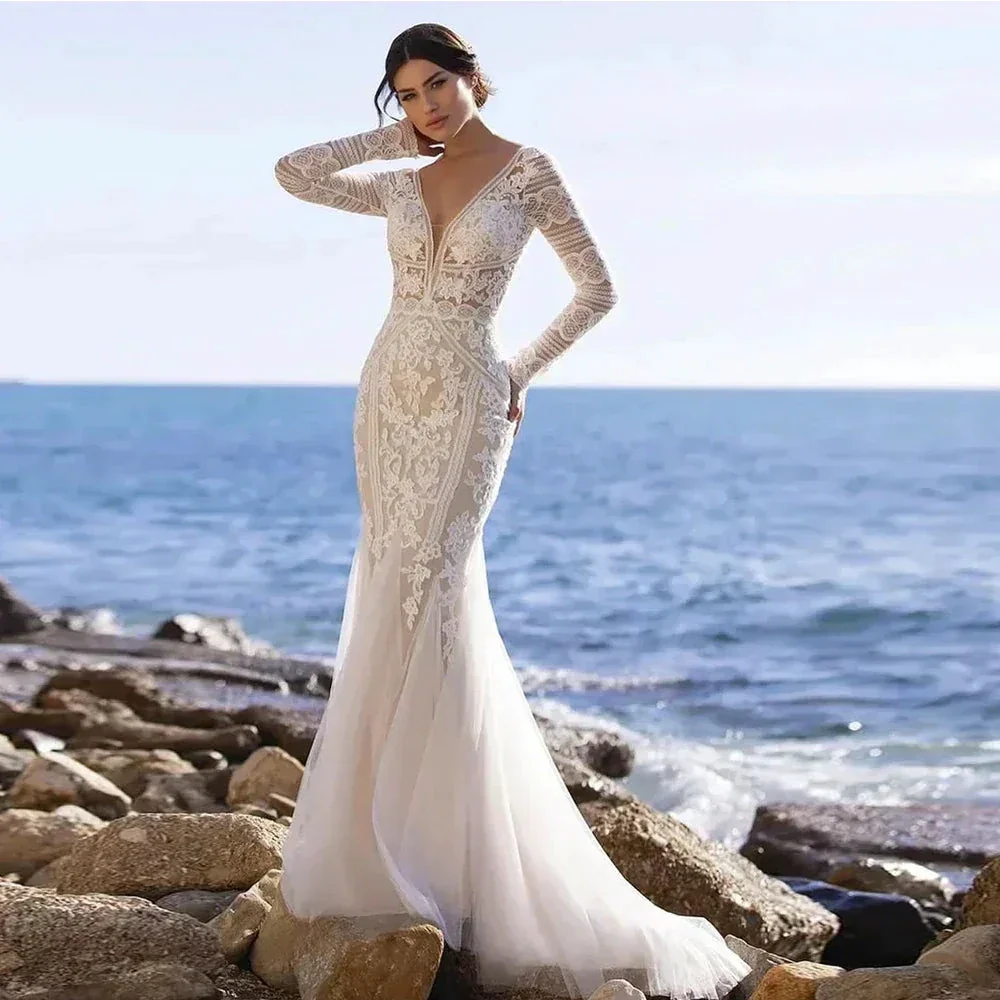 Mermaid Bride Gowns Long Sleeve V-Neck Lace Appliques Sexy Open Back Tulle Wedding Dresses Sweep Train Vestidos De Noive - Image 4