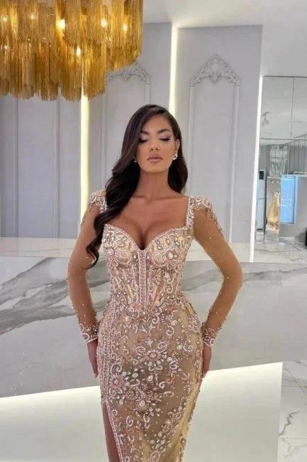 Mermaid Champagne Split Front Sweetheart Straps Prom Dresses with Beadings - Image 2
