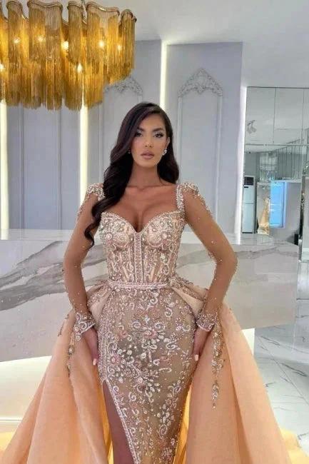 Mermaid Champagne Split Front Sweetheart Straps Prom Dresses with Beadings - Image 3