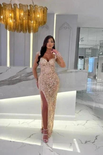 Mermaid Champagne Split Front Sweetheart Straps Prom Dresses with Beadings - Image 4