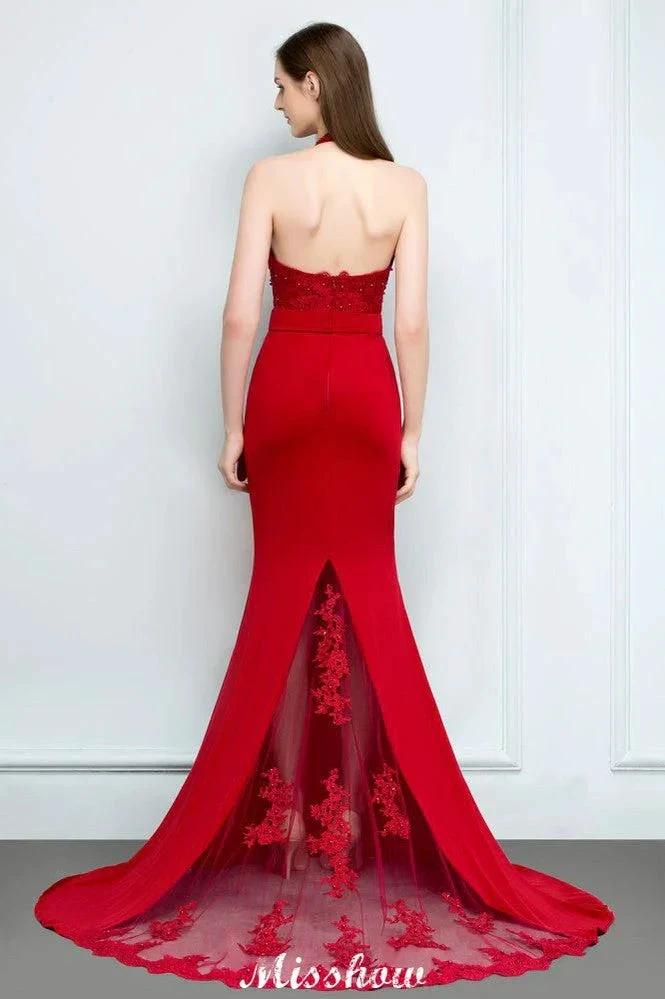 Mermaid Charmeuse Lace Halter SleevelessBridesmaid Dress Floor-Length Prom Dress - Image 2