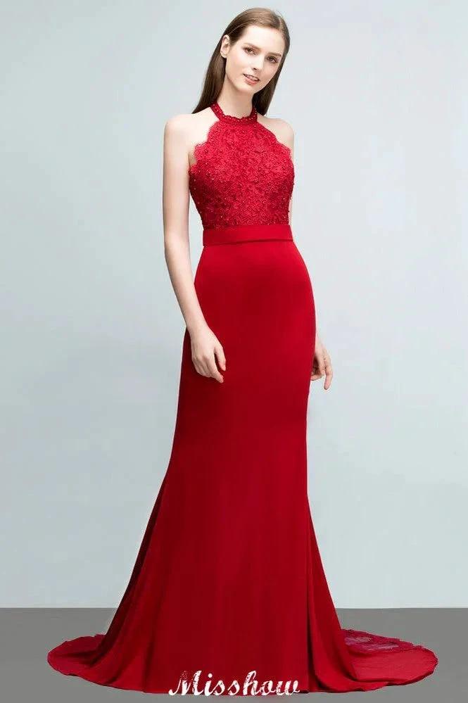 Mermaid Charmeuse Lace Halter SleevelessBridesmaid Dress Floor-Length Prom Dress - Image 3