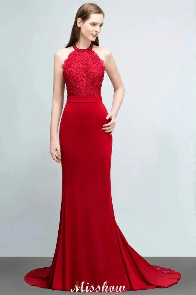 Mermaid Charmeuse Lace Halter SleevelessBridesmaid Dress Floor-Length Prom Dress - Image 4