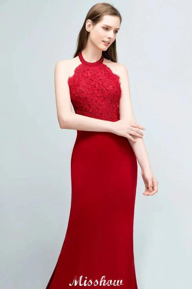 Mermaid Charmeuse Lace Halter SleevelessBridesmaid Dress Floor-Length Prom Dress - Image 5