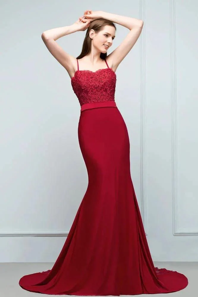 Mermaid Charmeuse Lace Spaghetti-Straps Sweetheart Sleeveless Floor-Length Bridesmaid Dresses with Beads - Image 3