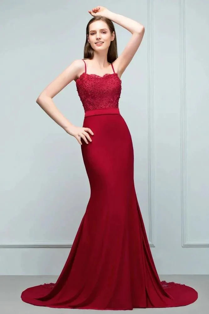 Mermaid Charmeuse Lace Spaghetti-Straps Sweetheart Sleeveless Floor-Length Bridesmaid Dresses with Beads - Image 4