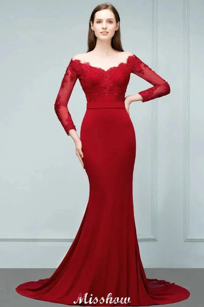 Mermaid Charmeuse Off-the-Shoulder V-Neck Floor-Length Bridesmaid Dress with Appliques - Image 3