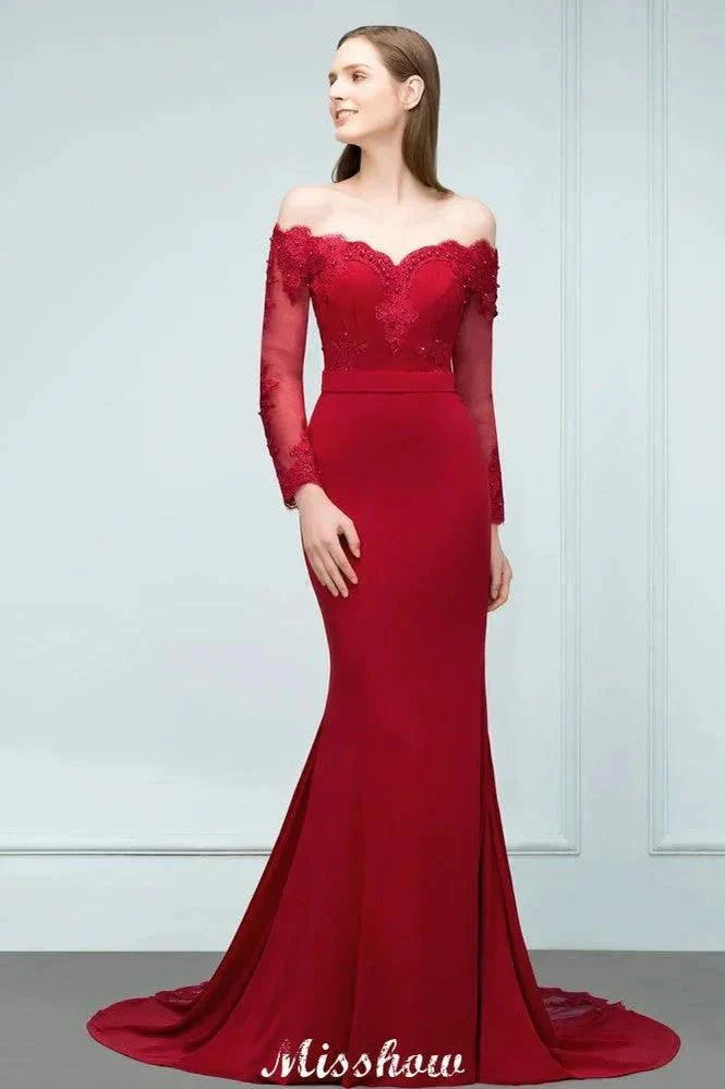 Mermaid Charmeuse Off-the-Shoulder V-Neck Floor-Length Bridesmaid Dress with Appliques - Image 4