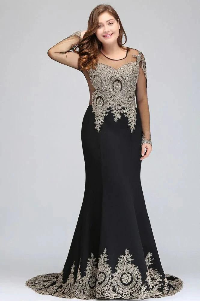 Mermaid Crew Floor Length Plus size Long Sleeves Evening Dresses with Appliques - Image 2