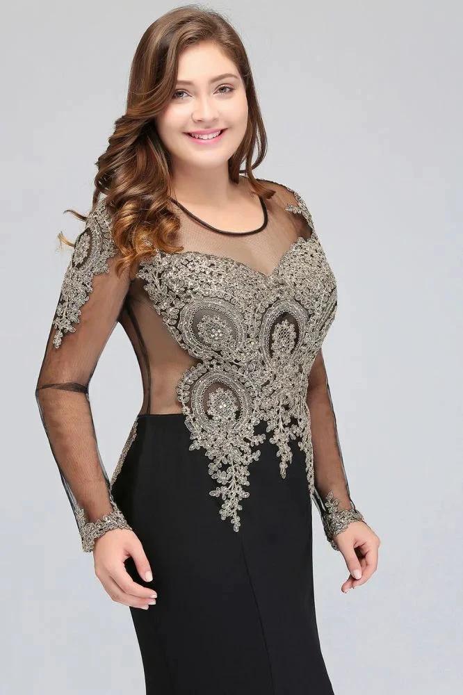 Mermaid Crew Floor Length Plus size Long Sleeves Evening Dresses with Appliques - Image 3