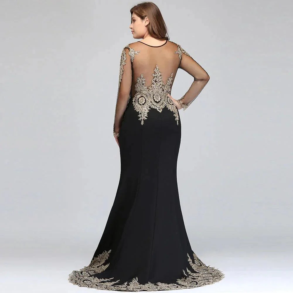 Mermaid Crew Floor Length Plus size Long Sleeves Evening Dresses with Appliques - Image 6