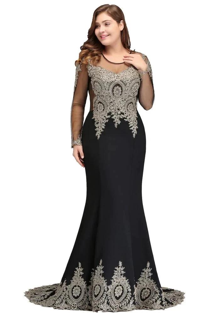 Mermaid Crew Floor Length Plus size Long Sleeves Evening Dresses with Appliques - Image 7