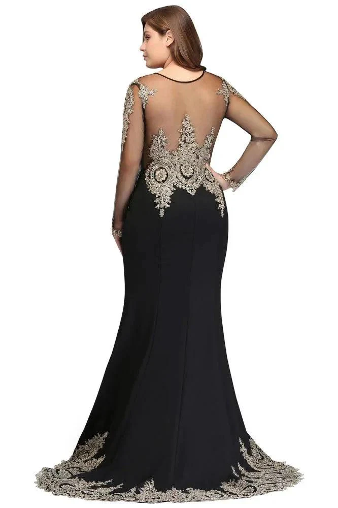 Mermaid Crew Floor Length Plus size Long Sleeves Evening Dresses with Appliques - Image 8