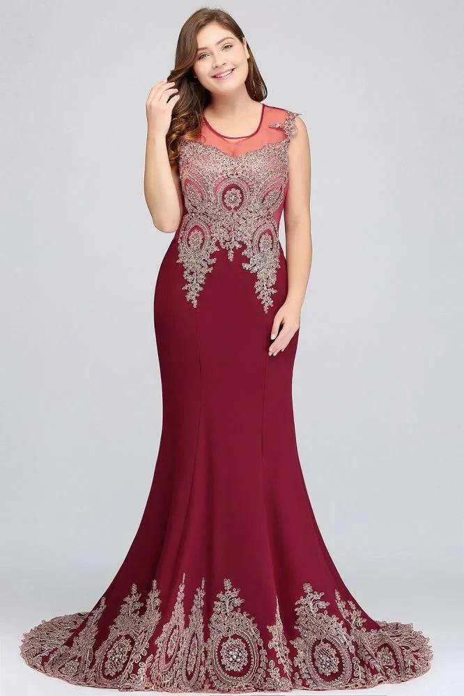 Mermaid Crew Floor Length Sleeveless Appliques Burgundy Evening Dresses - Image 3