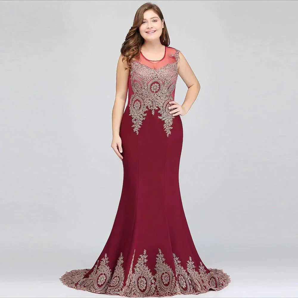 Mermaid Crew Floor Length Sleeveless Appliques Burgundy Evening Dresses - Image 4