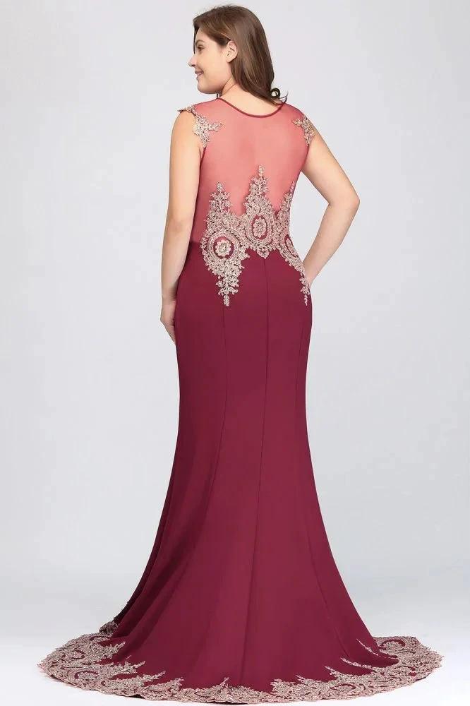 Mermaid Crew Floor Length Sleeveless Appliques Burgundy Evening Dresses - Image 5