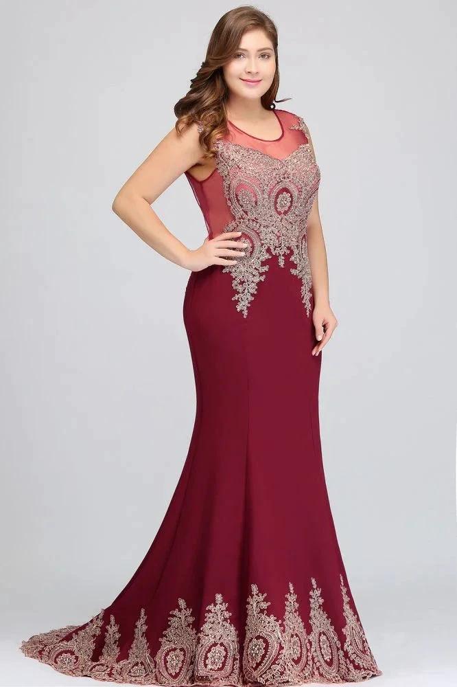 Mermaid Crew Floor Length Sleeveless Appliques Burgundy Evening Dresses - Image 6