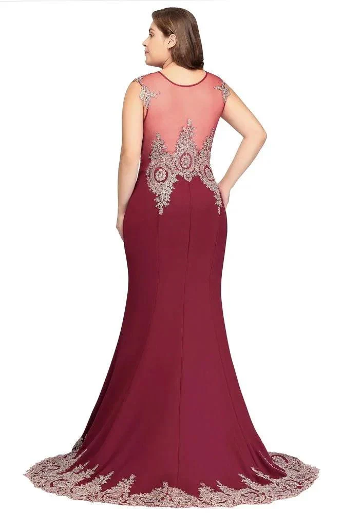 Mermaid Crew Floor Length Sleeveless Appliques Burgundy Evening Dresses - Image 9