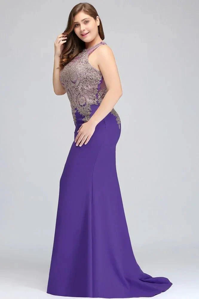Mermaid Crew Floor Length Sleeveless Plus size Evening Dresses with Appliques - Image 3