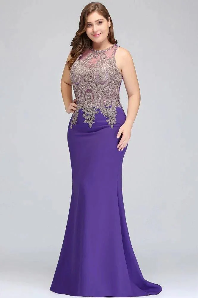 Mermaid Crew Floor Length Sleeveless Plus size Evening Dresses with Appliques - Image 4