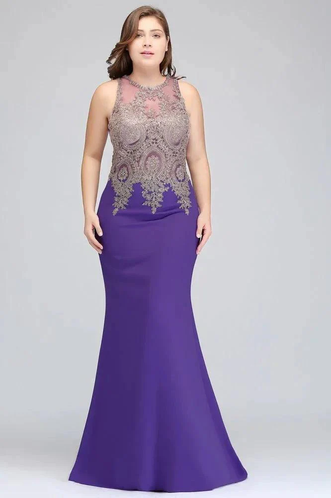 Mermaid Crew Floor Length Sleeveless Plus size Evening Dresses with Appliques - Image 5