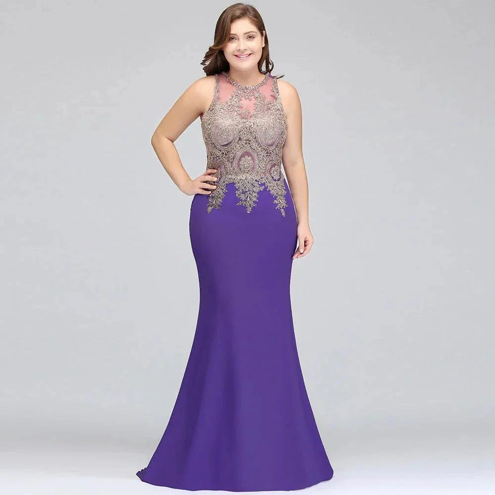 Mermaid Crew Floor Length Sleeveless Plus size Evening Dresses with Appliques - Image 6