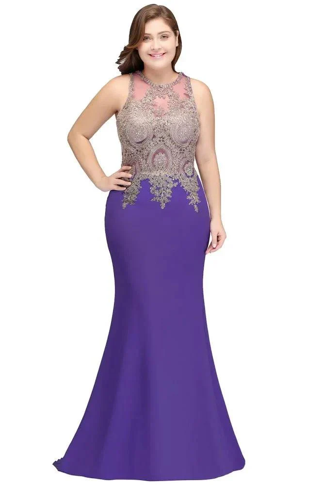 Mermaid Crew Floor Length Sleeveless Plus size Evening Dresses with Appliques - Image 9