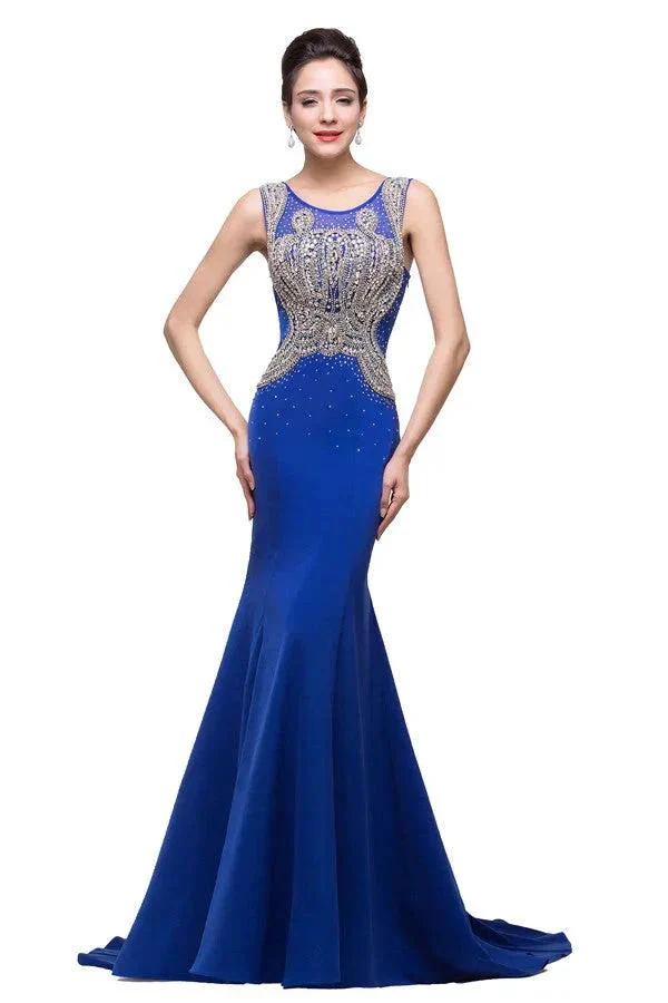 Mermaid Crew Sweep-length Blue Formal Dresses With Applique - Image 11