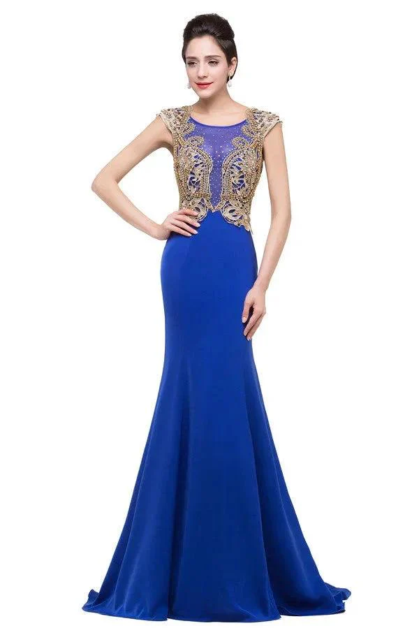 Mermaid Crew Sweep-length Blue Formal Dresses With Applique - Image 2