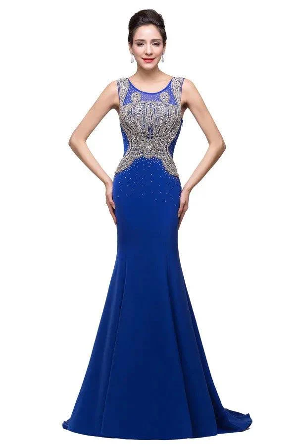 Mermaid Crew Sweep-length Blue Formal Dresses With Applique - Image 3