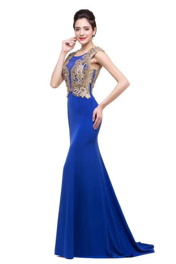 Mermaid Crew Sweep-length Blue Formal Dresses With Applique - Image 4
