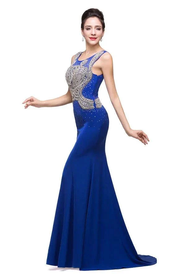 Mermaid Crew Sweep-length Blue Formal Dresses With Applique - Image 6