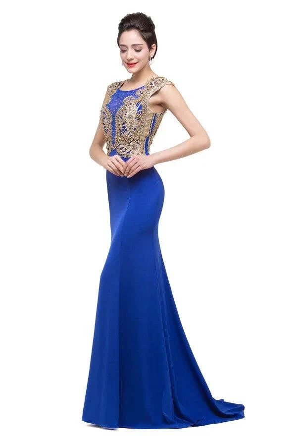 Mermaid Crew Sweep-length Blue Formal Dresses With Applique - Image 9