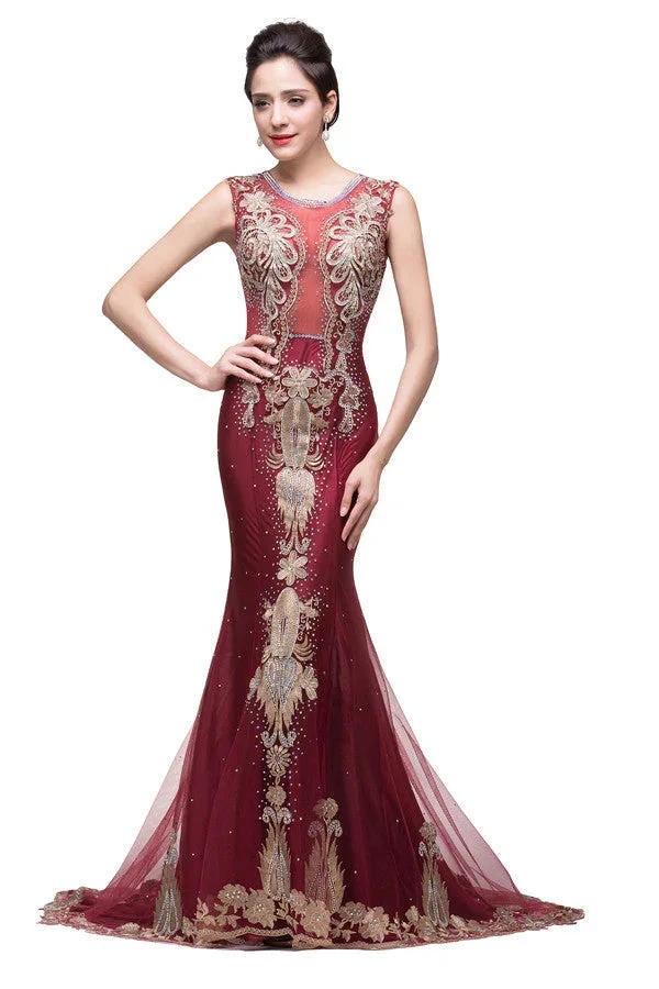 Mermaid Crew Sweep-length Tulle Burgundy Formal Dresses With Applique - Image 2
