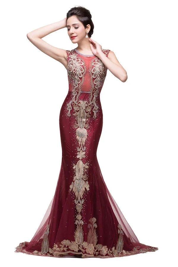 Mermaid Crew Sweep-length Tulle Burgundy Formal Dresses With Applique - Image 3