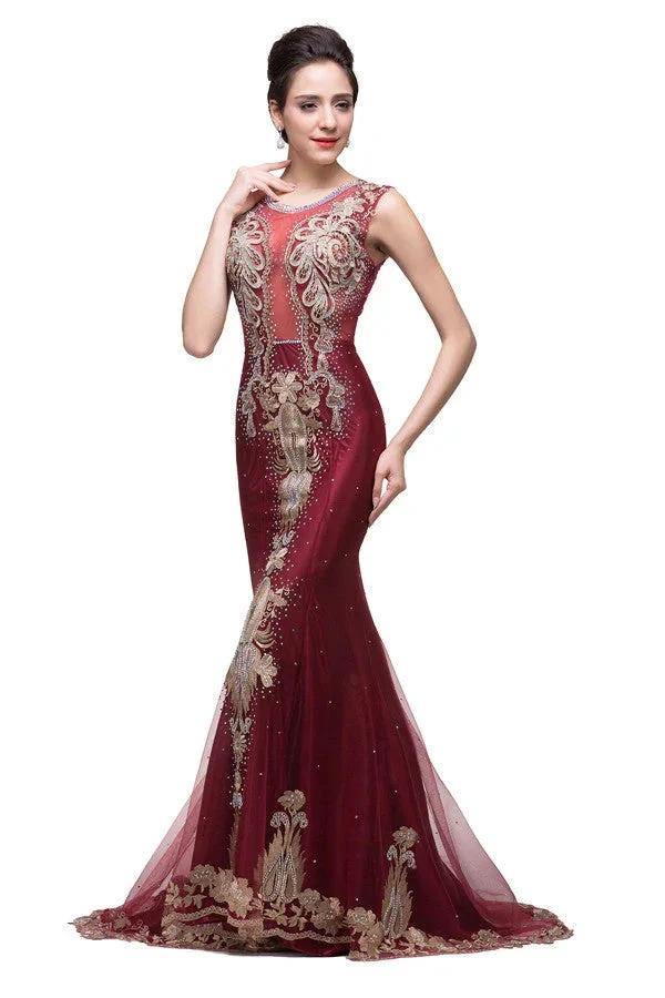 Mermaid Crew Sweep-length Tulle Burgundy Formal Dresses With Applique - Image 4