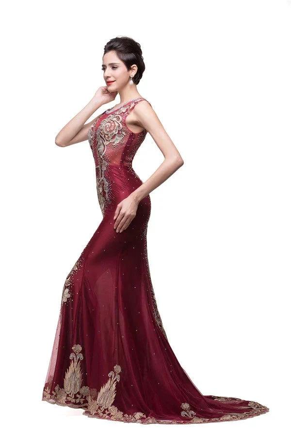 Mermaid Crew Sweep-length Tulle Burgundy Formal Dresses With Applique - Image 5