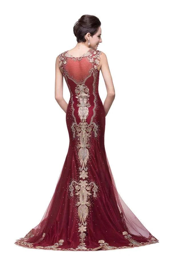 Mermaid Crew Sweep-length Tulle Burgundy Formal Dresses With Applique - Image 6