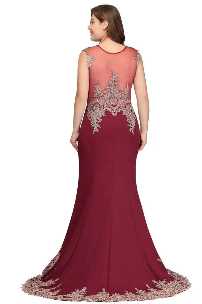 Mermaid Crew Sweep Train Sleeveless Appliques Burgundy Evening Dresses - Image 10