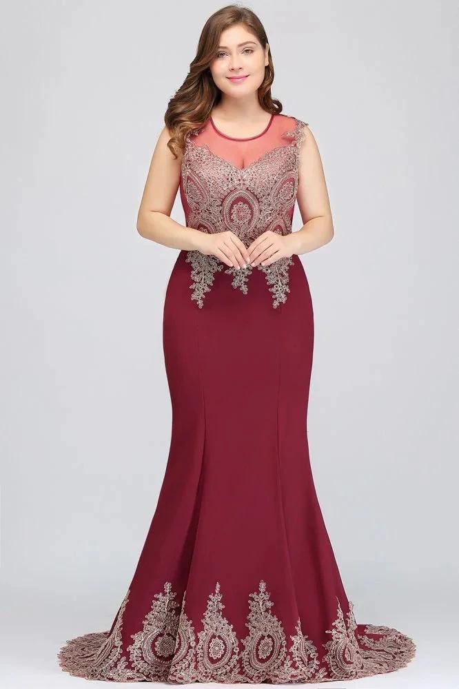 Mermaid Crew Sweep Train Sleeveless Appliques Burgundy Evening Dresses - Image 2