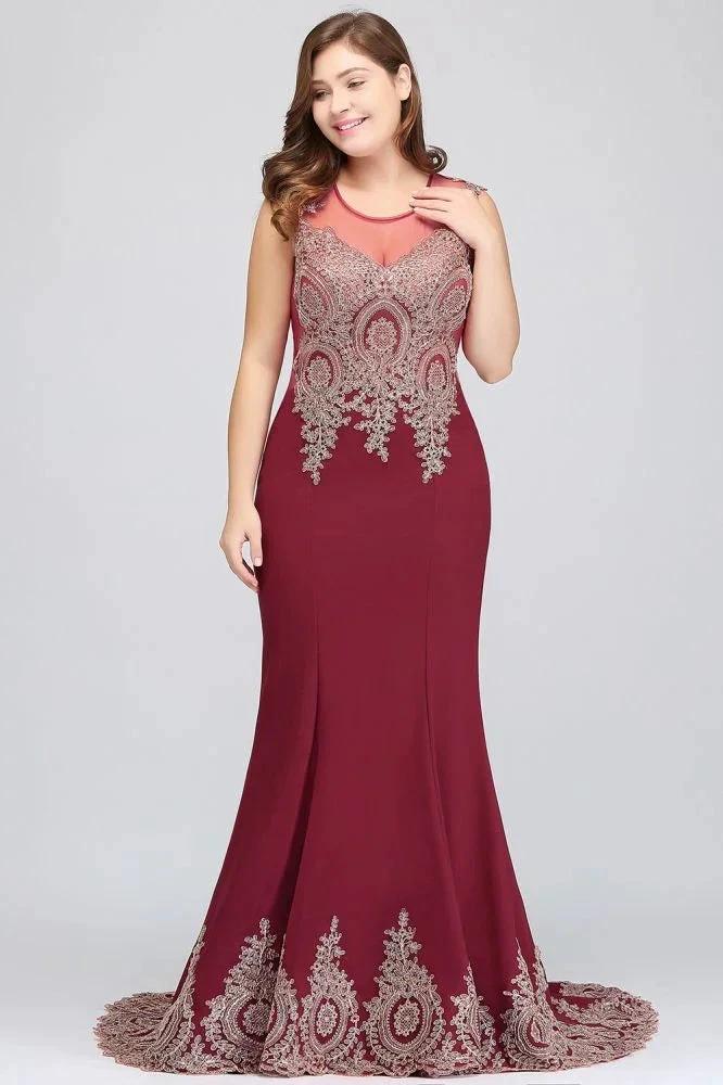 Mermaid Crew Sweep Train Sleeveless Appliques Burgundy Evening Dresses - Image 3