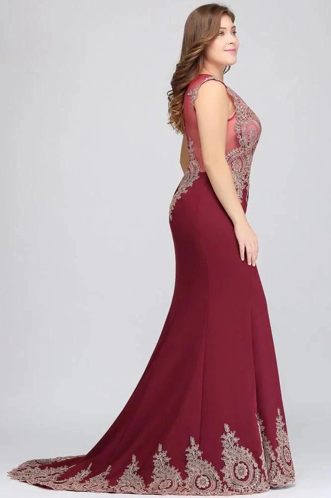 Mermaid Crew Sweep Train Sleeveless Appliques Burgundy Evening Dresses - Image 4