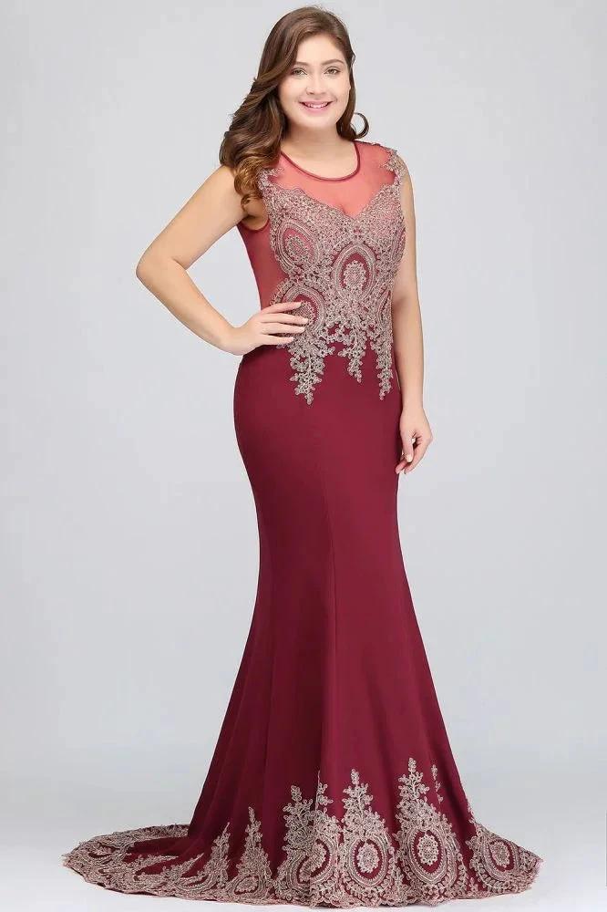 Mermaid Crew Sweep Train Sleeveless Appliques Burgundy Evening Dresses - Image 5