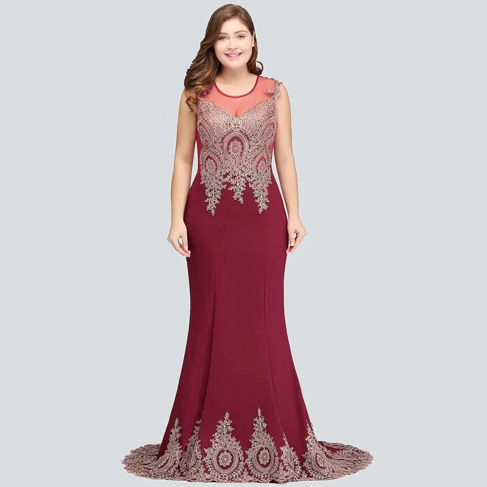 Mermaid Crew Sweep Train Sleeveless Appliques Burgundy Evening Dresses - Image 6