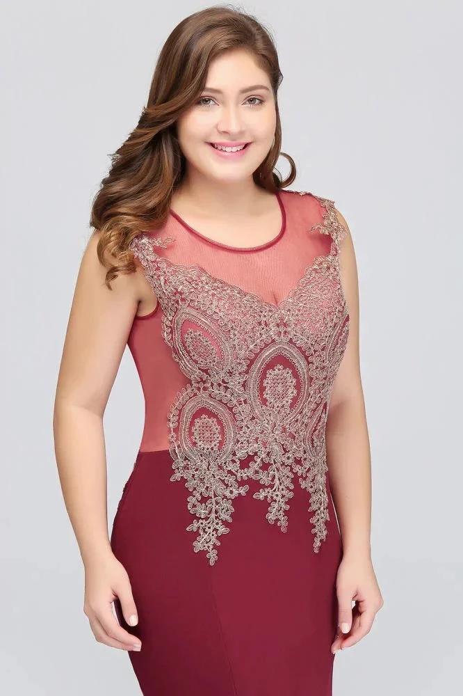 Mermaid Crew Sweep Train Sleeveless Appliques Burgundy Evening Dresses - Image 8