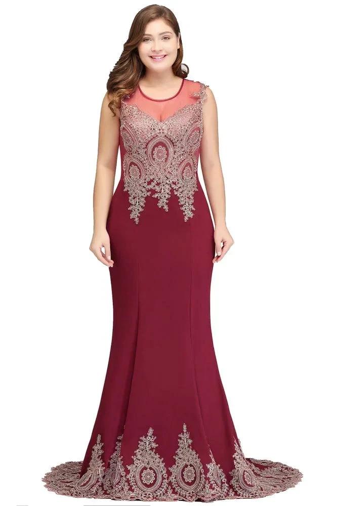 Mermaid Crew Sweep Train Sleeveless Appliques Burgundy Evening Dresses - Image 9