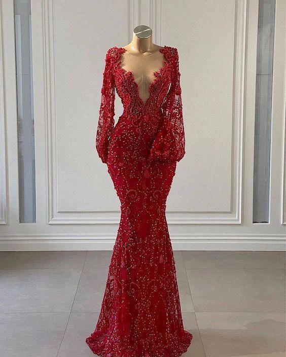 Mermaid Deep V Neck Lace Beaded Evening Dress Reception Dress Y735 - Image 2