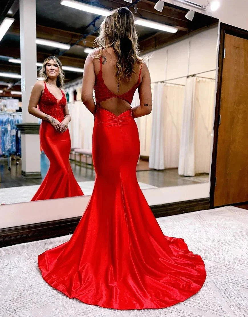 Leila |Mermaid Deep V Neck Satin Long Prom Dress with Appliques - Image 5