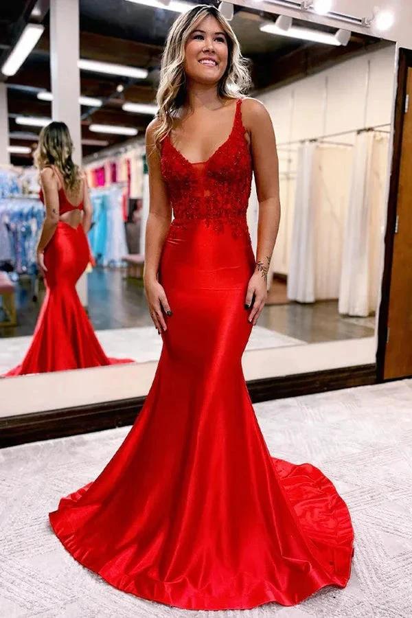 Mermaid Deep V Neck Satin Navy Blue Prom Dress with Appliques PSK557 - Image 4